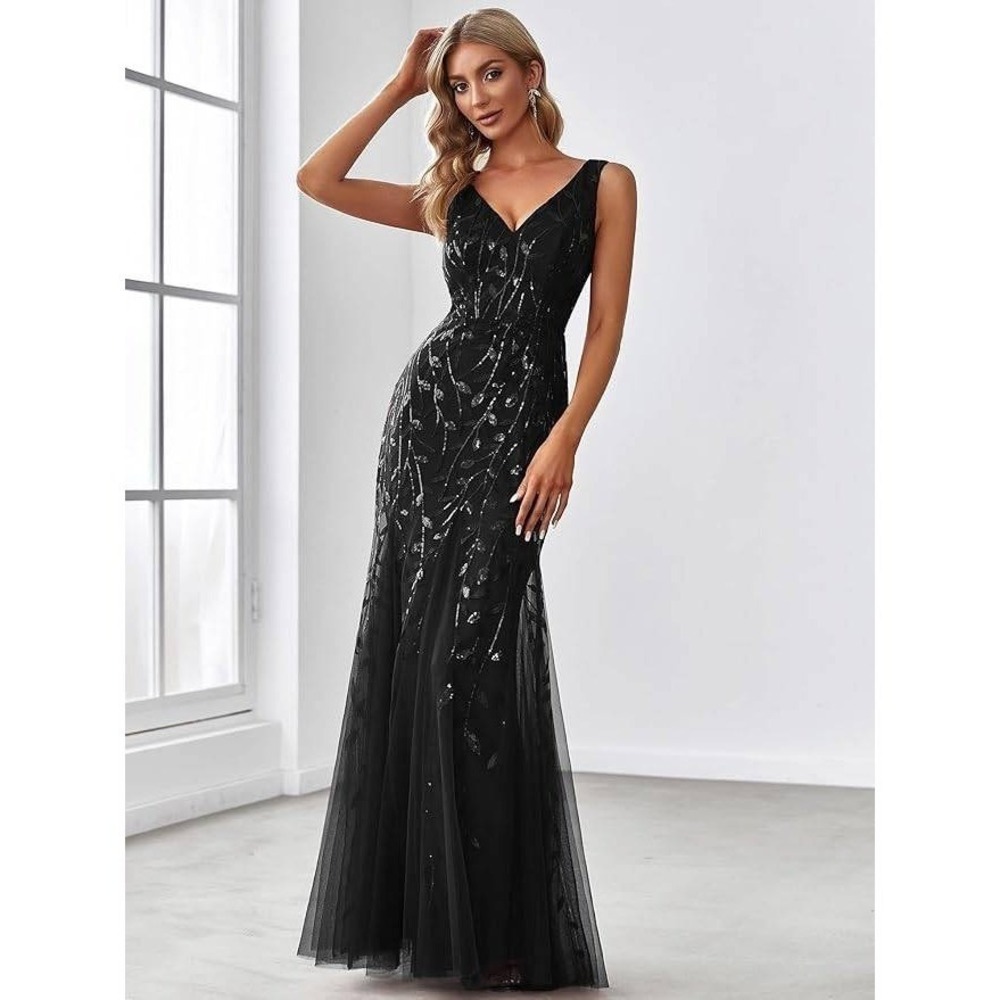 Ever Pretty Oriel Black Sequin Leaf Mermaid V Neck Formal Prom Gown NWOT / SZ 4